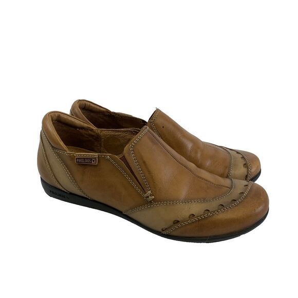 Pikolinos Leather Slip On Shoe Brown Tan Flat Round Toe Gore Womens 37 US 6.5 - Picture 1 of 13